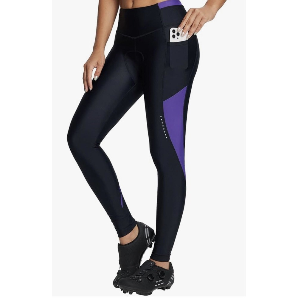 Baleaf Women L Padded Bike Cycling Pants Biking Spin Leggings Black Purple AB